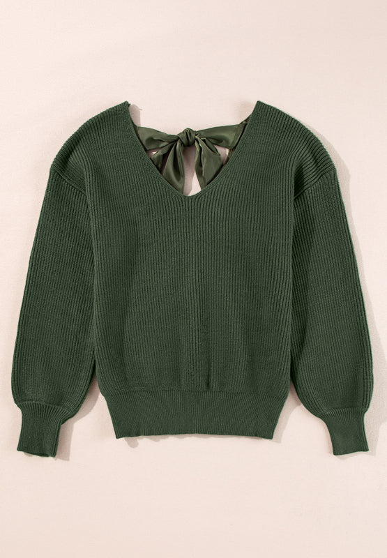 Tied Back V-Neck Long Sleeve Sweater - ClassiQ