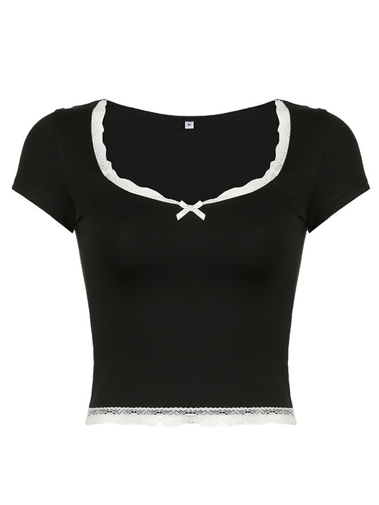 Lace Detail Sweetheart Neck Short Sleeve T-Shirt - Classique Collection