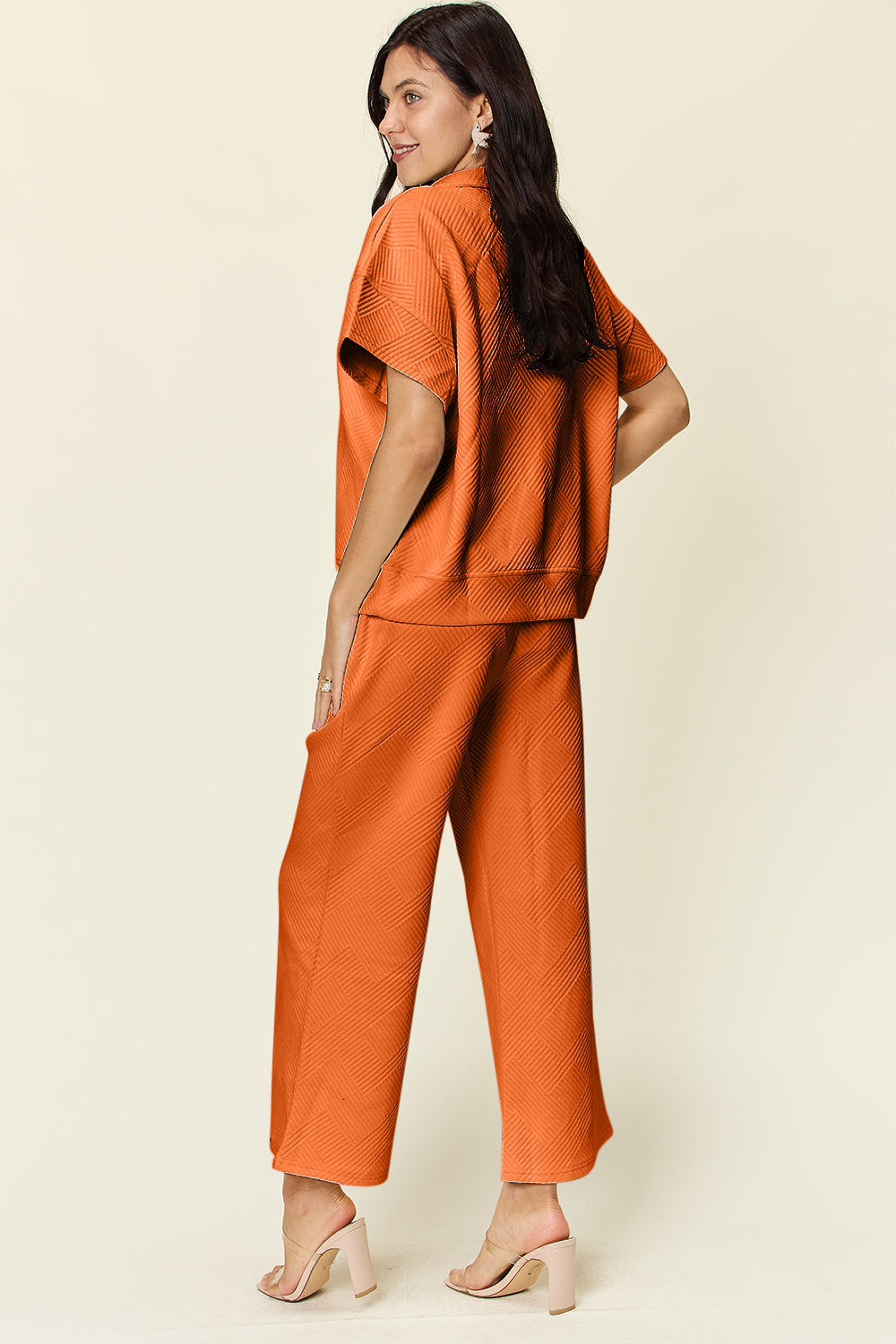 Double Take Full Size Texture Half Zip Short Sleeve Top and Pants Set - ClassiQ