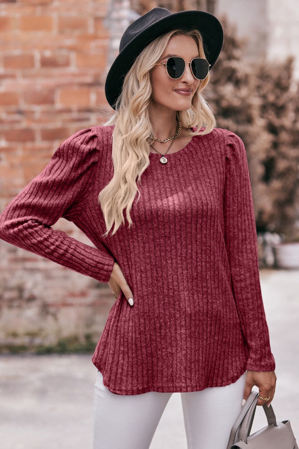 Mandy Round Neck Puff Sleeve Ribbed Top - Classique Collection