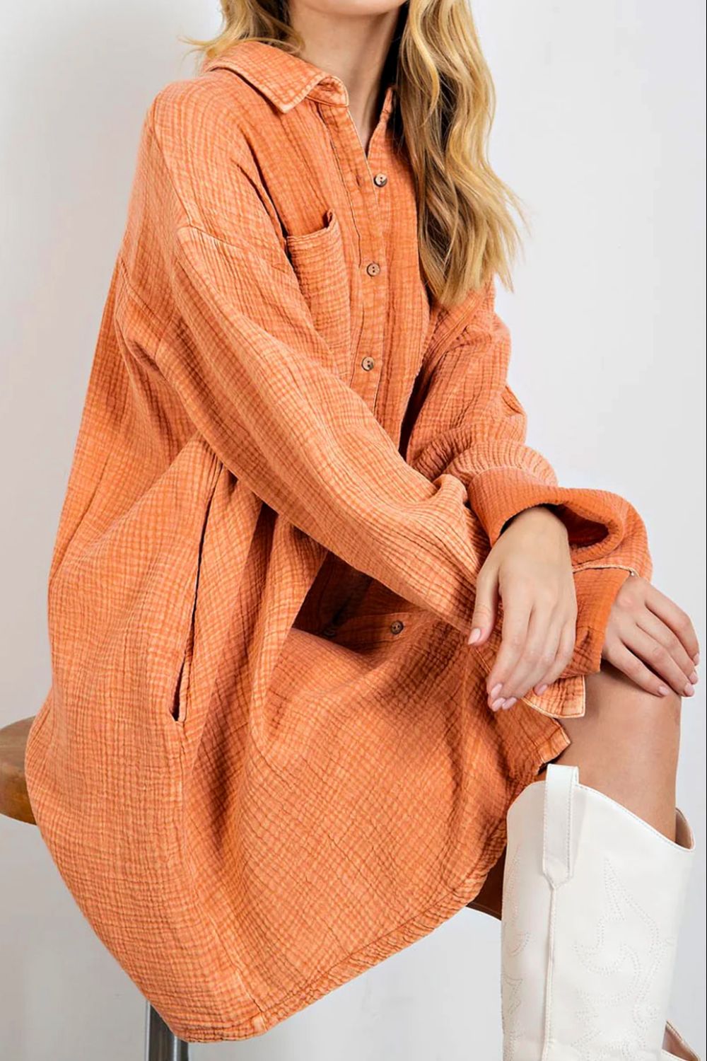 Pocketed Button Up Long Sleeve Shirt Dress - Classique Collection