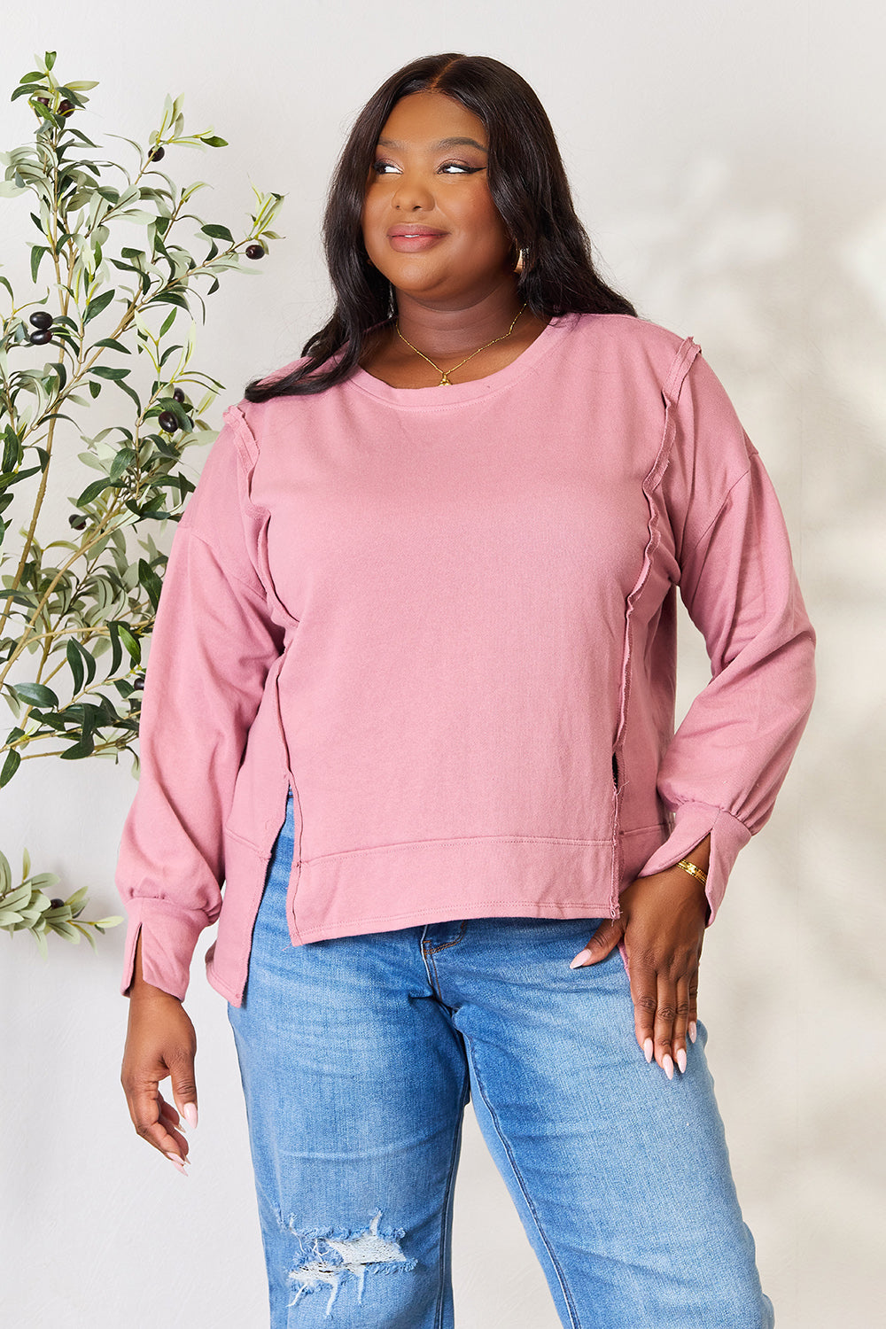 Culture Code Full Size Round Neck Exposed Seam Slit Top - Classique Collection