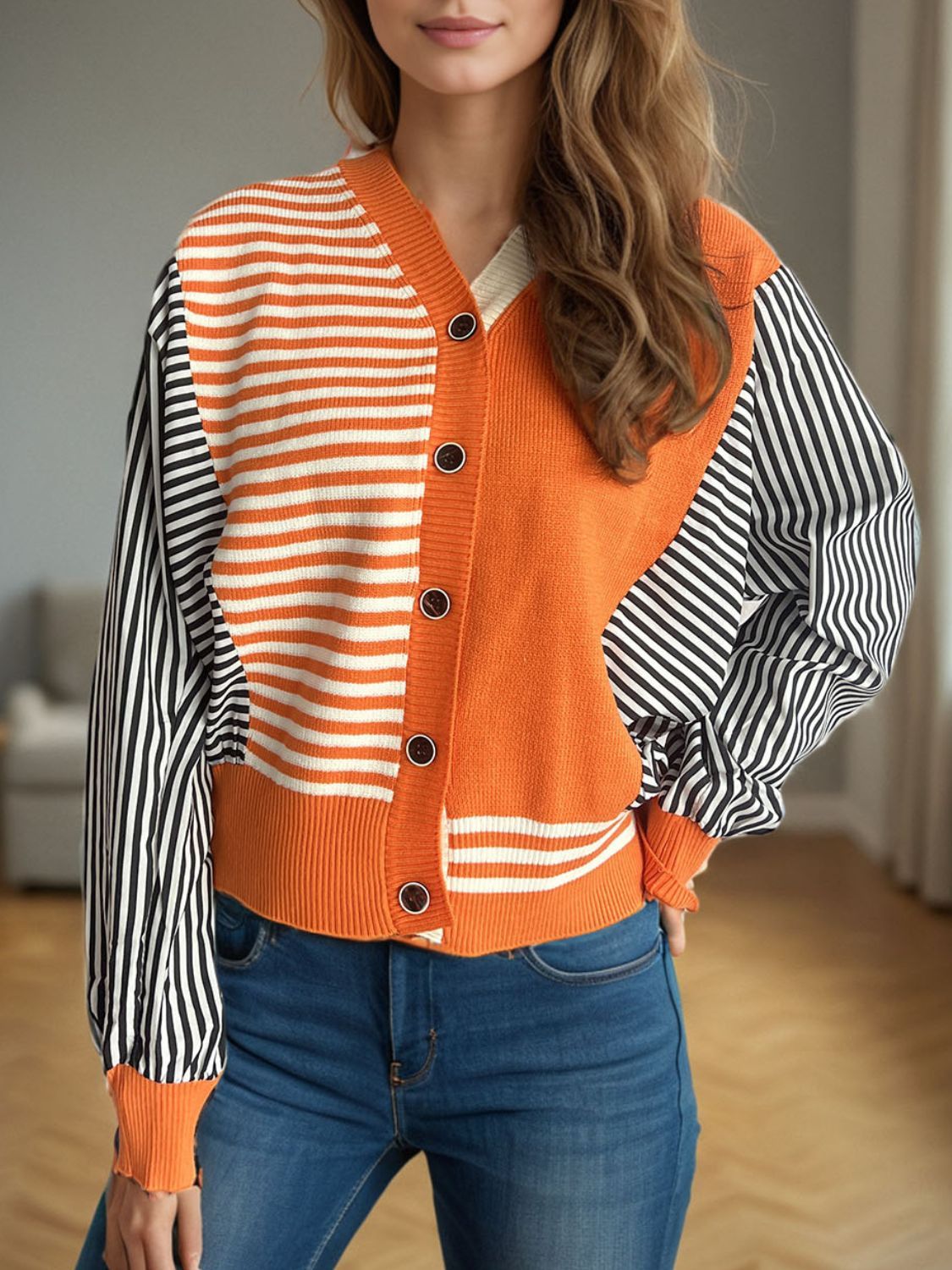 Striped Button Down Long Sleeve Cardigan - ClassiQ