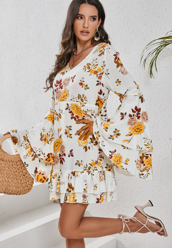 Printed V-Neck Flare Sleeve Mini Dress - Classique Collection