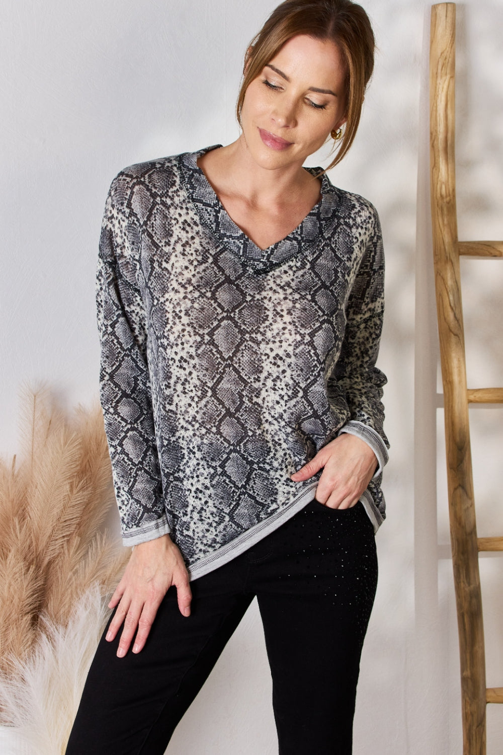 Hailey & Co Full Size Snakeskin V-Neck Long Sleeve Top - Classique Collection