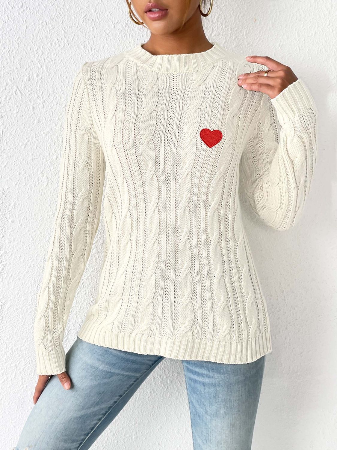 Cable-Knit Heart Round Neck Long Sleeve Sweater - ClassiQ