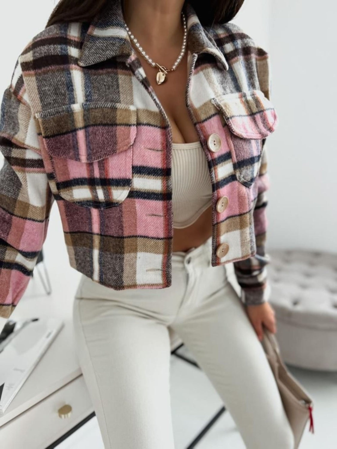 Pocketed Collared Neck Long Sleeve Plaid Jacket - Classique Collection