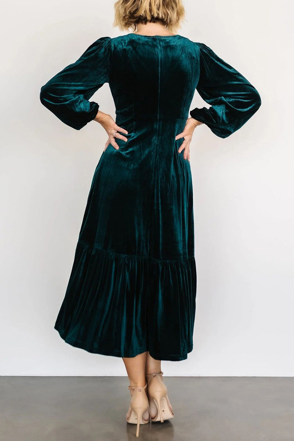 V-Neck Long Sleeve Midi Velvet Dress - Classique Collection