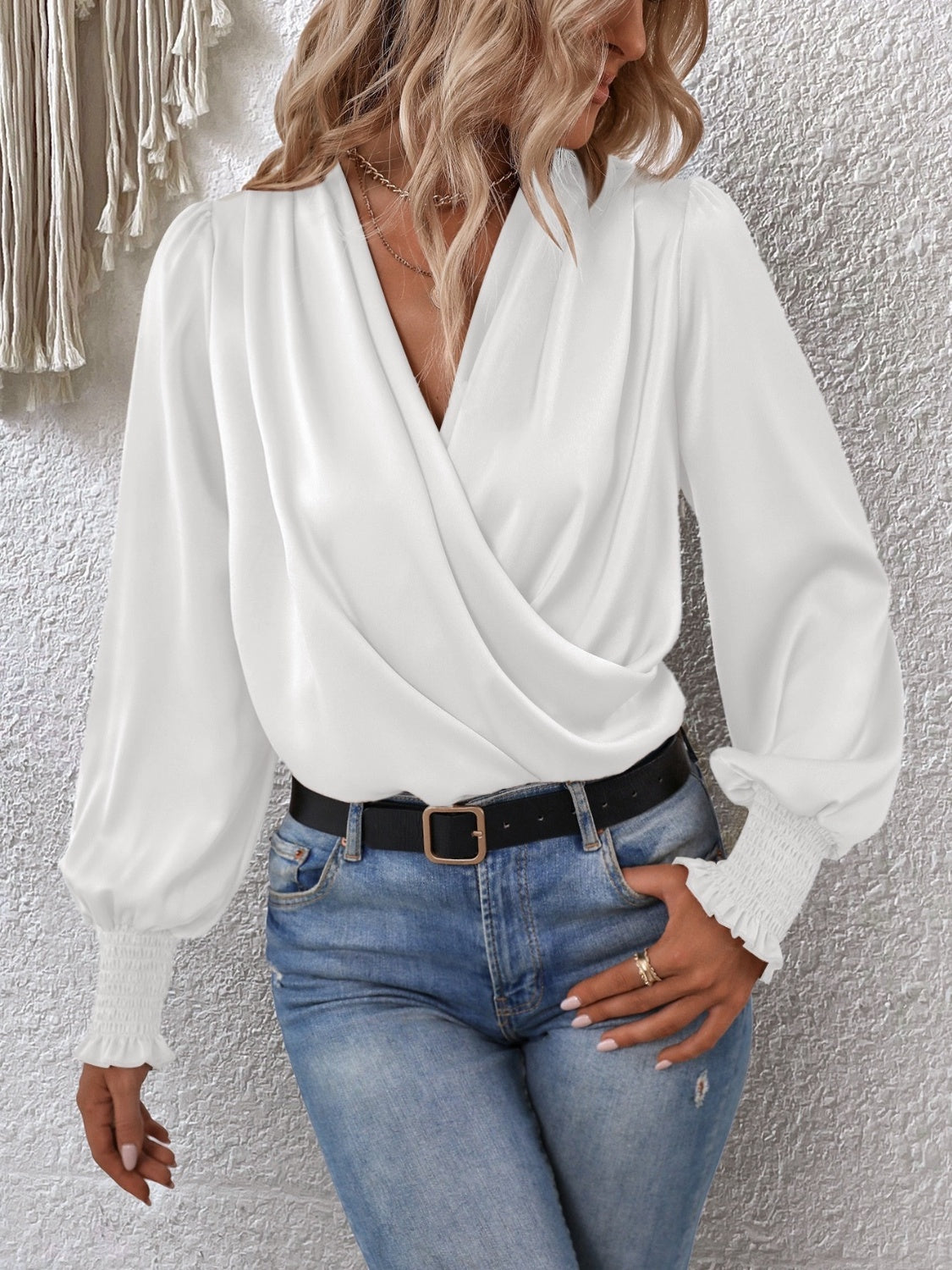 Surplice Smocked Lantern Sleeve Blouse - Classique Collection