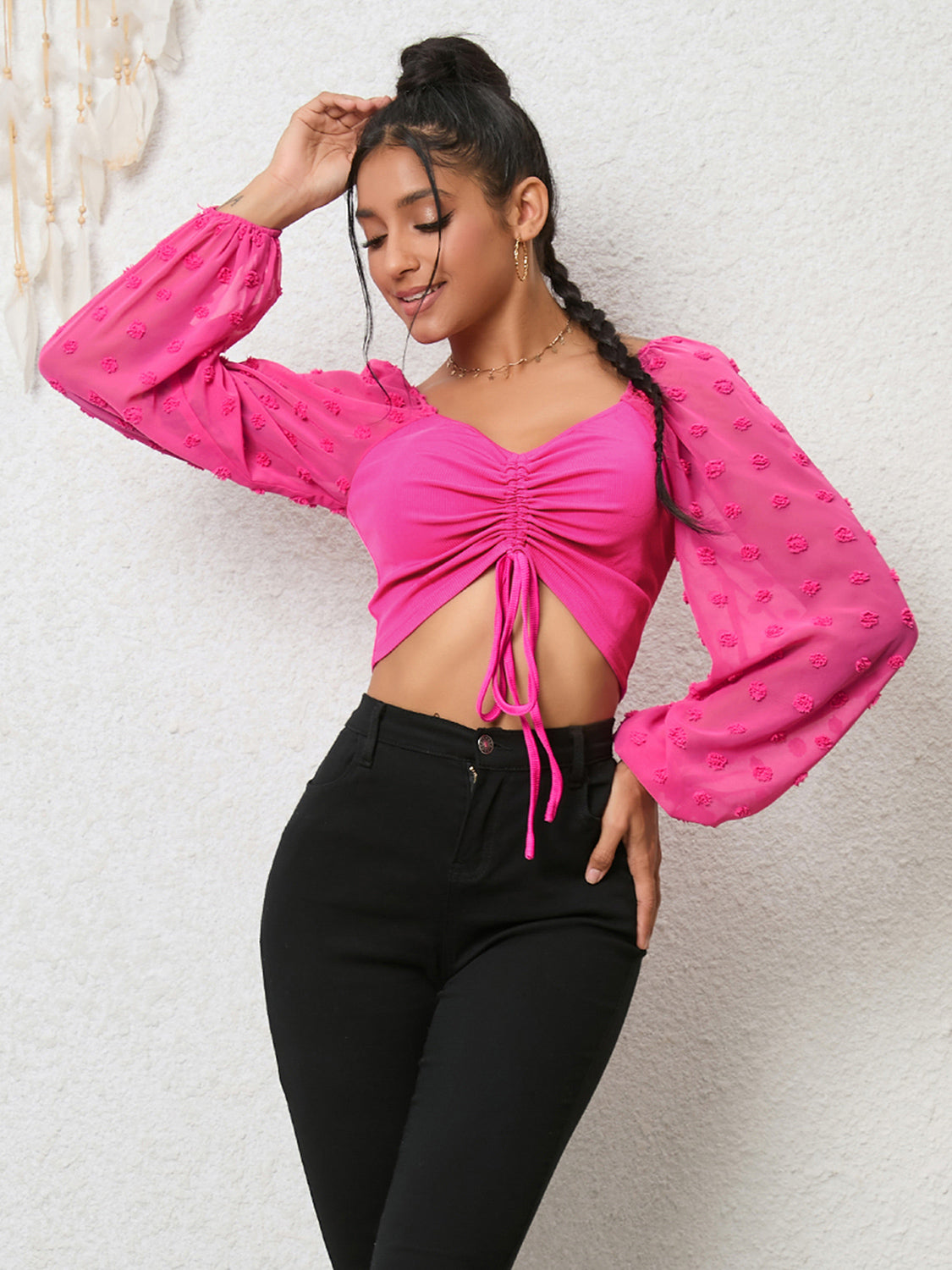 Swiss Dot Drawstring Cropped Blouse - Classique Collection