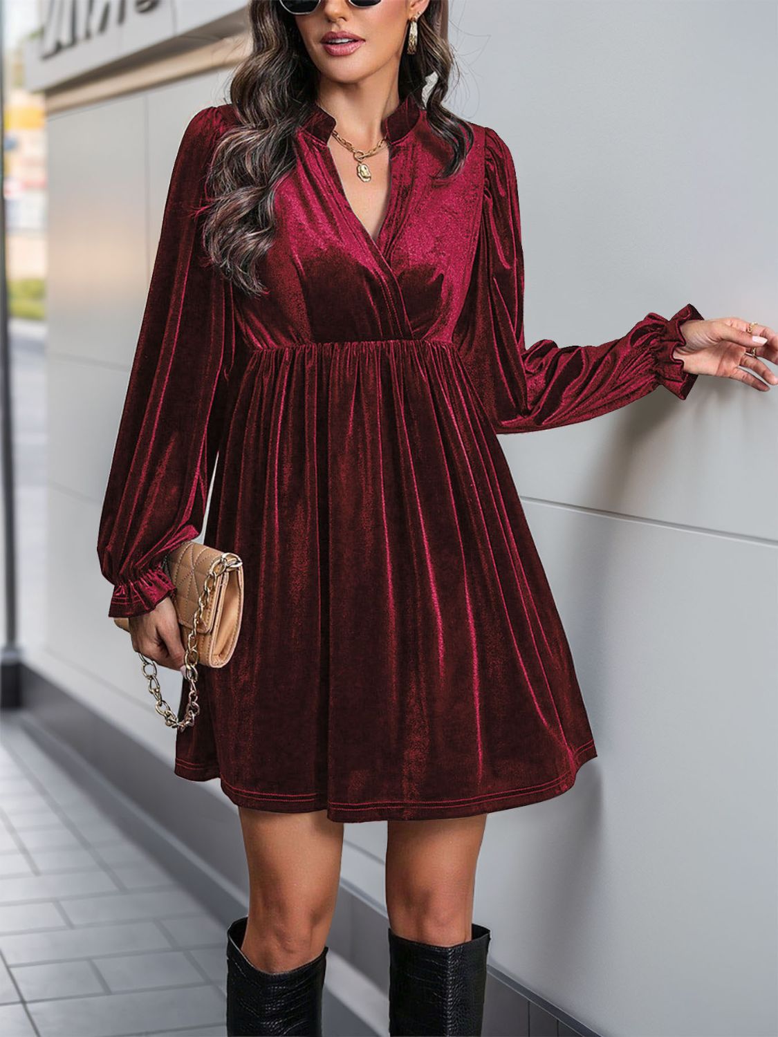 Perfee Ruched Surplice Long Sleeve Mini Dress - Classique Collection