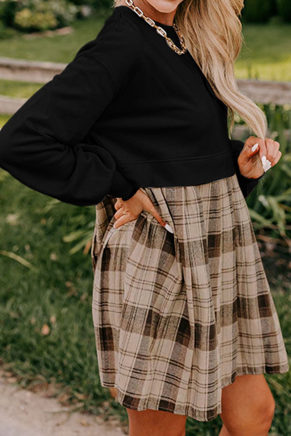 Plaid Round Neck Long Sleeve Mini Dress - Classique Collection