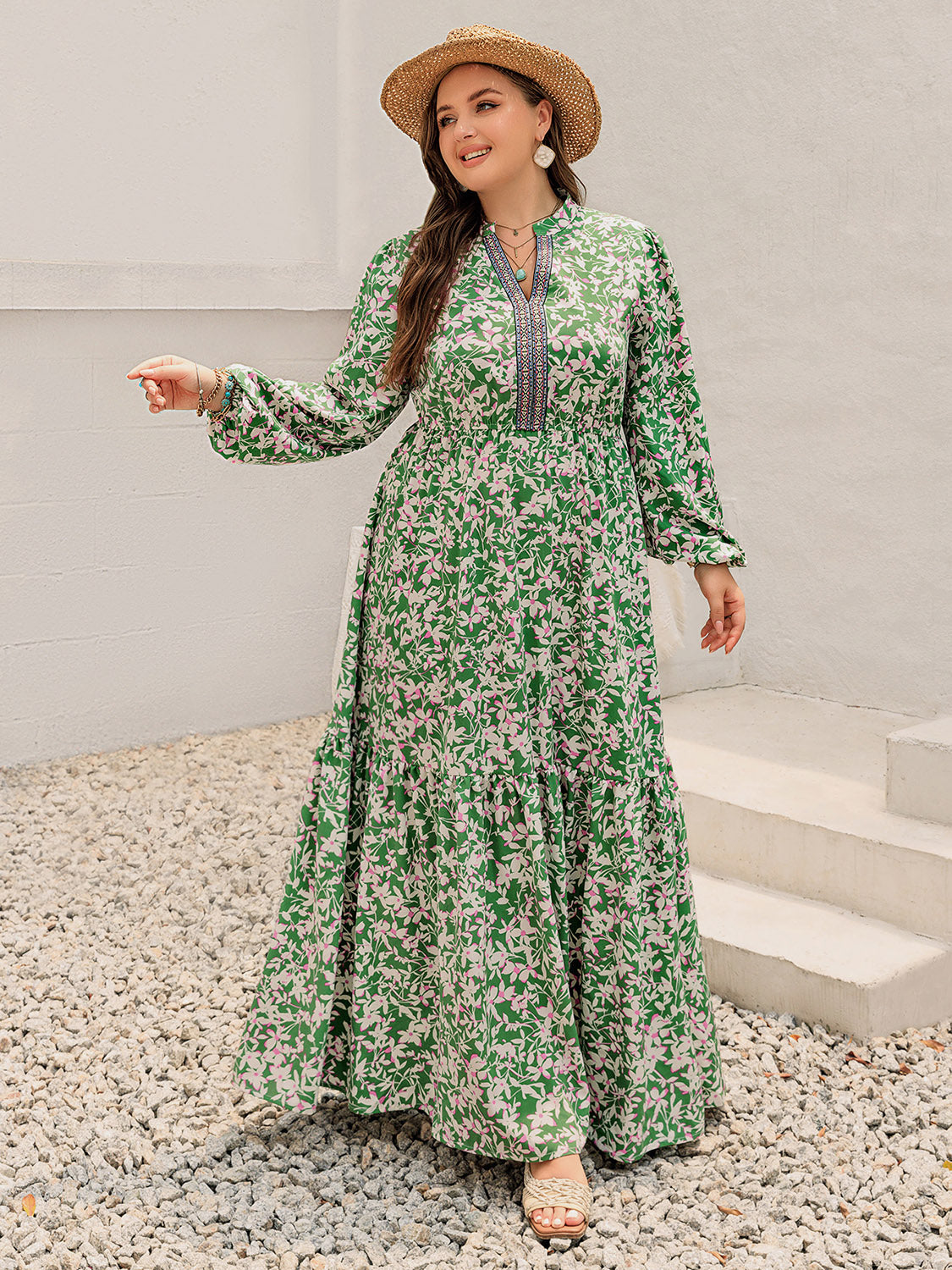 Plus Size Printed Notched Long Sleeve Maxi Dress - Classique Collection