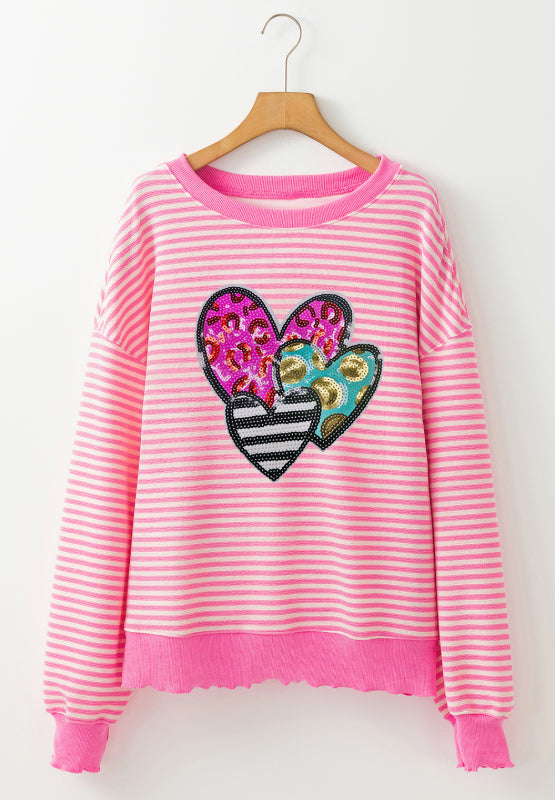 Striped Sequin Heart Round Neck Long Sleeve Sweatshirt - Classique Collection