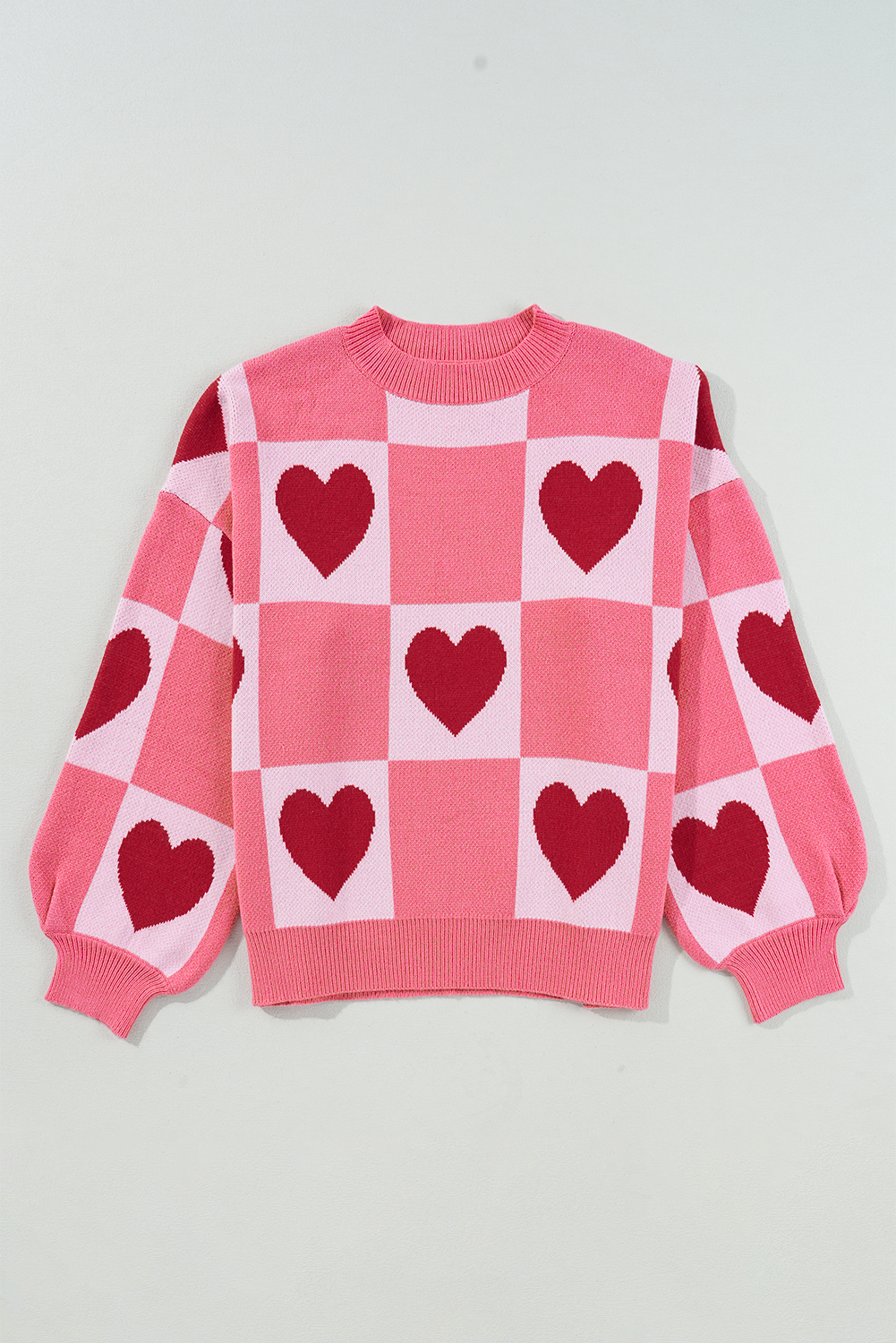 Pink Love Heart Checkered Valentine Knit Sweater - ClassiQ