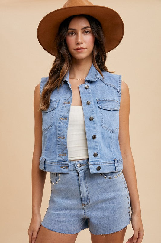 Annie Wear Collared Neck Button Down Denim Vest - ClassiQ