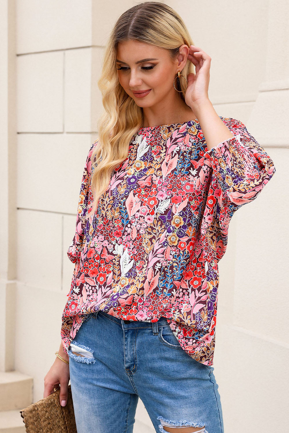 Floral Round Neck Three-Quarter Sleeve Top - Classique Collection
