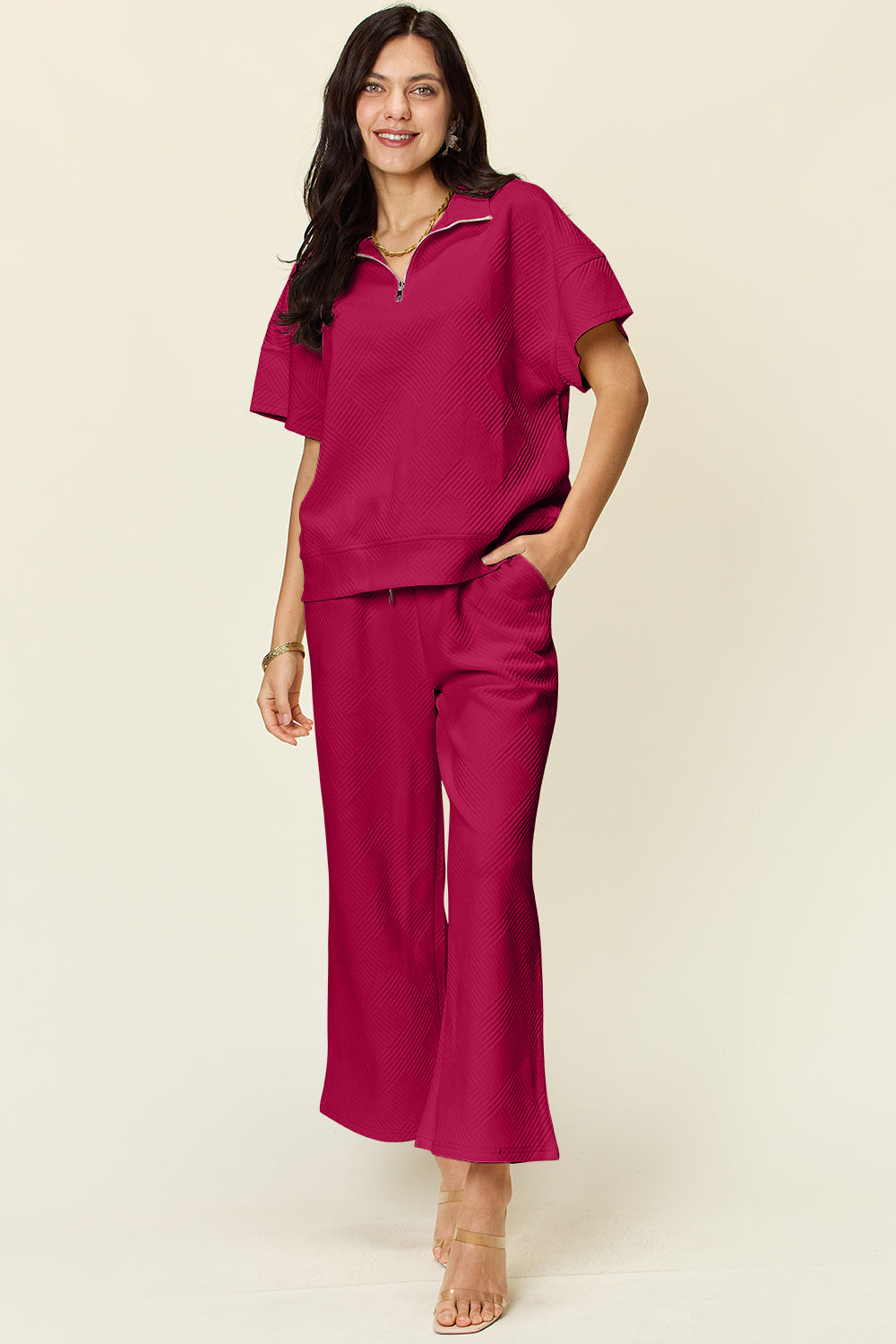Double Take Full Size Texture Half Zip Short Sleeve Top and Pants Set - ClassiQ