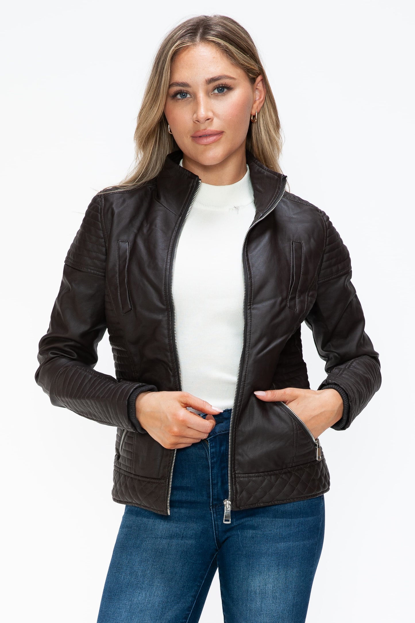YMI Faux Layered Double-Zipper Jacket with Fuzzy Hood - ClassiQ