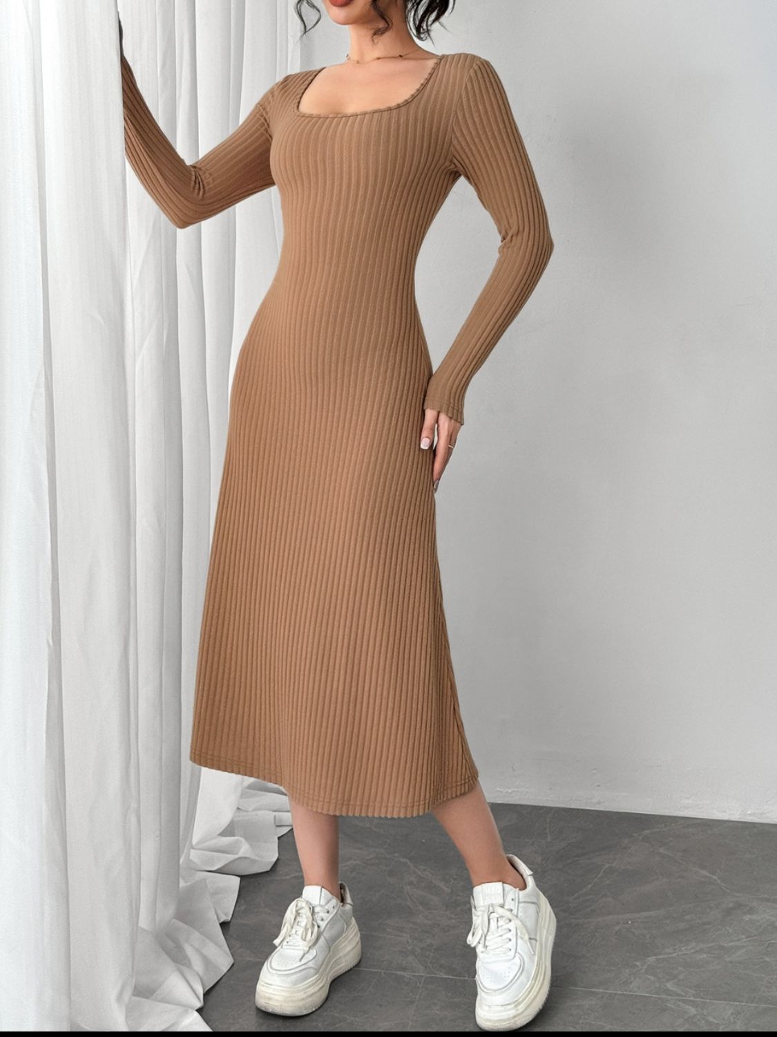 Square Neck Long Sleeve Midi Wrap Dress - Classique Collection