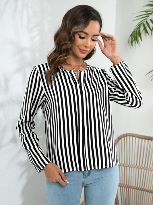 Striped Long Sleeve Notched Blouse - ClassiQ