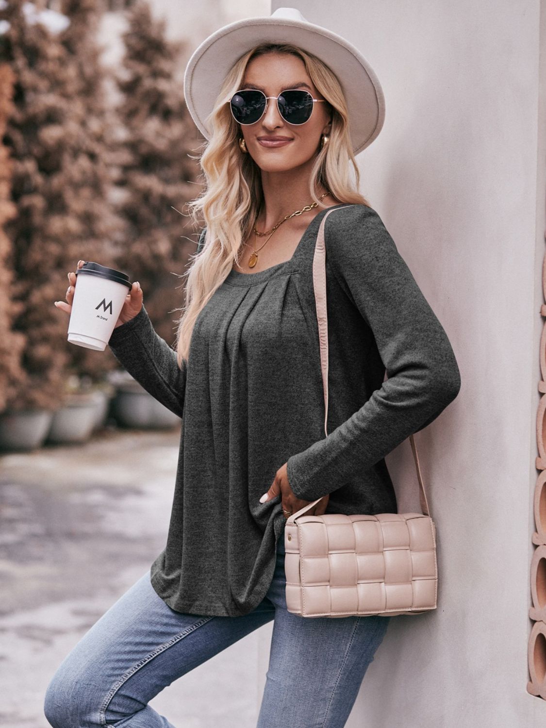 Mandy Pleated Detail Curved Hem Long Sleeve Top - ClassiQ