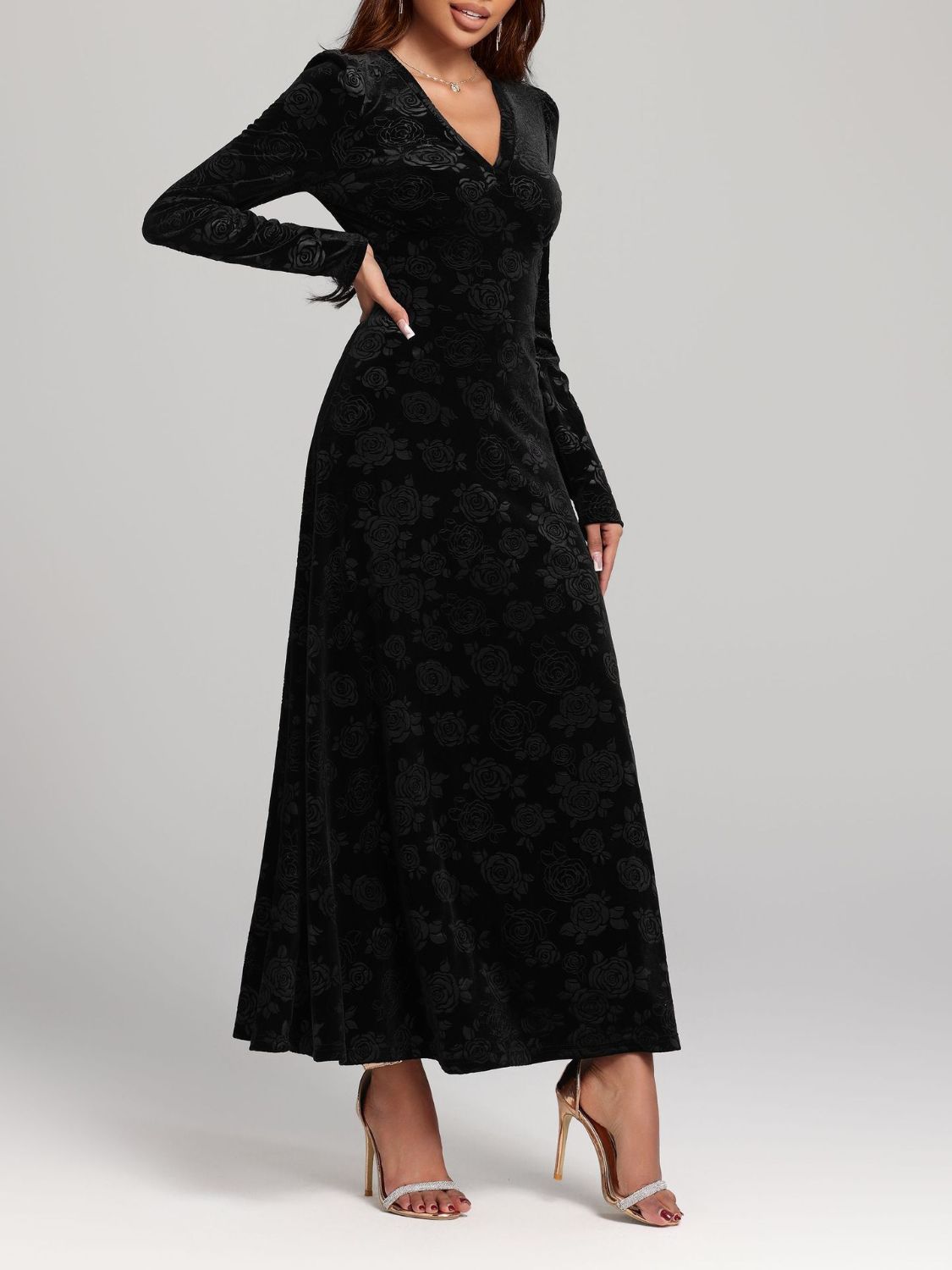 Rose Print V-Neck Long Sleeve Dress - Classique Collection