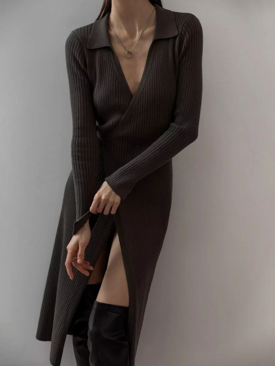 Tied Collared Neck Long Sleeve Sweater Dress - Classique Collection