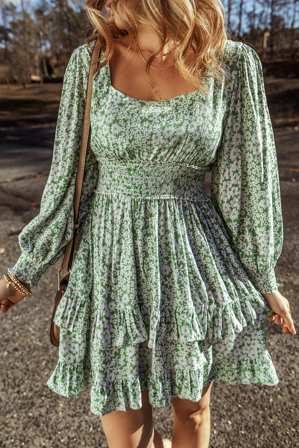 Ruffle Hem Floral Square Neck Long Sleeve Dress - Classique Collection