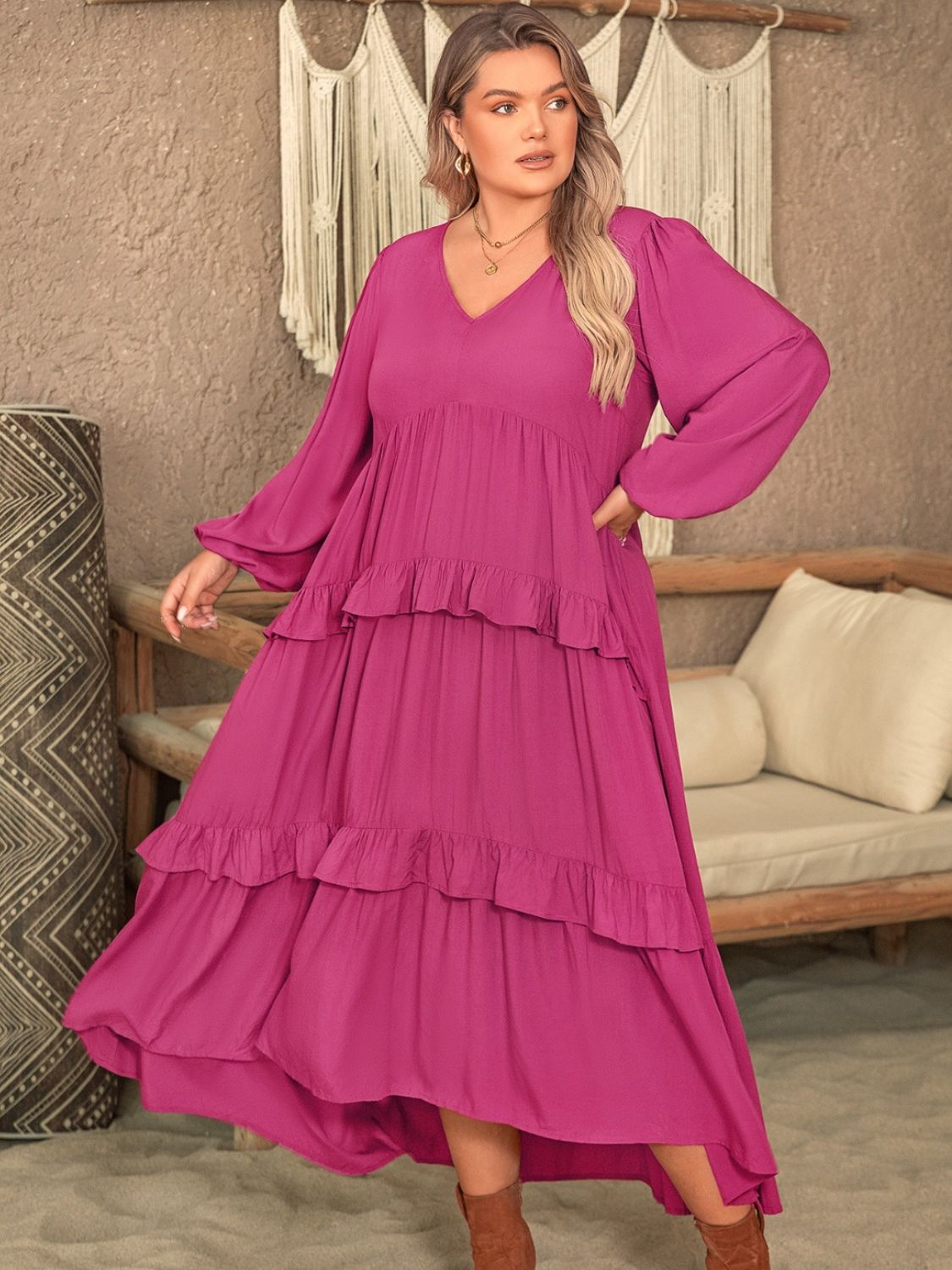 Plus Size Ruffled V-Neck Long Sleeve Dress - Classique Collection