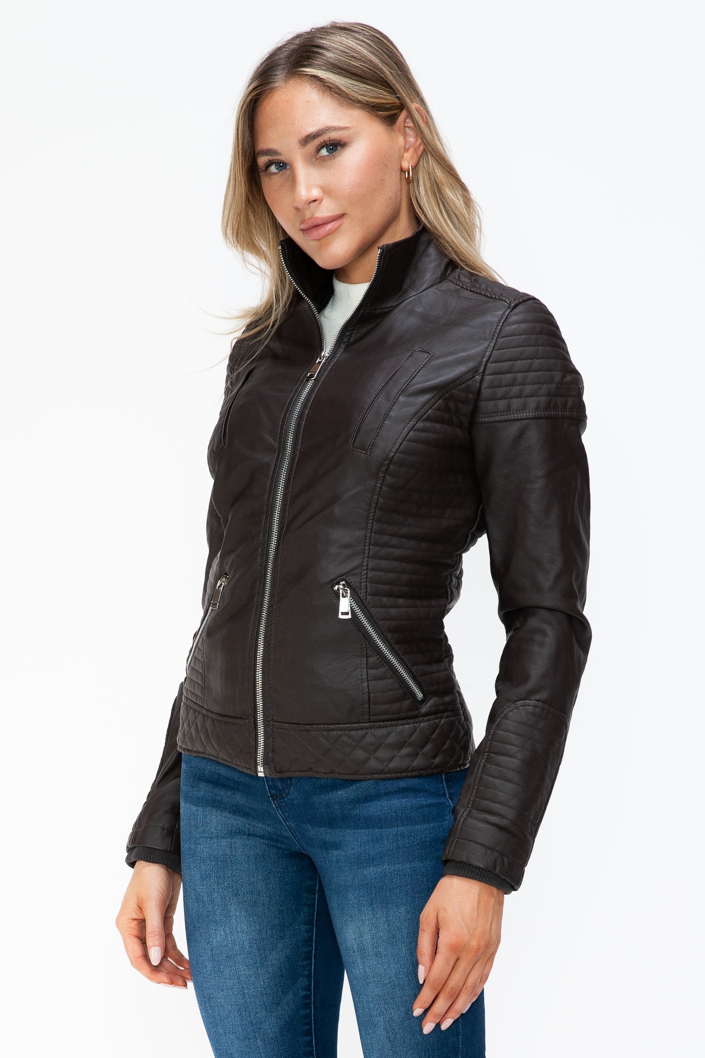 YMI Faux Layered Double-Zipper Jacket with Fuzzy Hood - ClassiQ