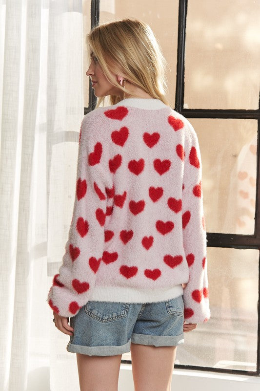 ADORA Fuzzy Heart Button Down Cardigan - ClassiQ