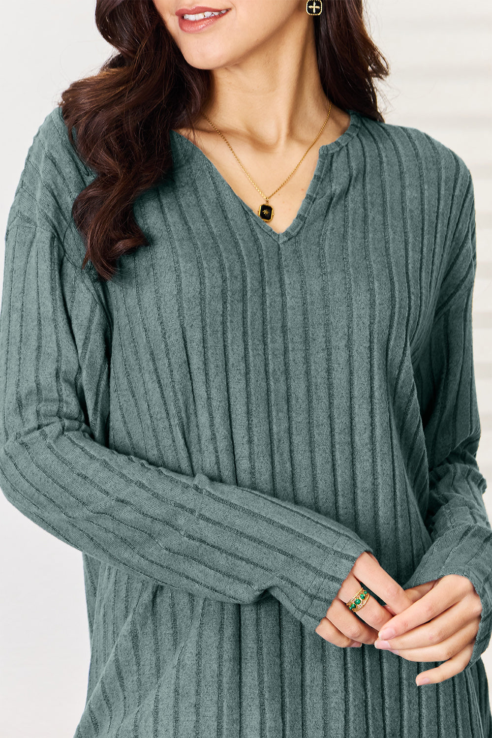 Basic Bae Full Size Notched Long Sleeve Top and Pants Set - ClassiQ