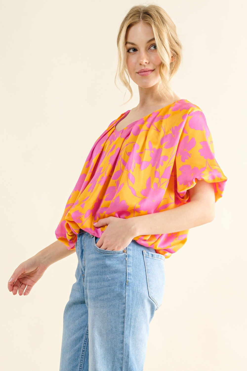 And The Why Full Size Printed Satin Bubble Hem Top - Classique Collection