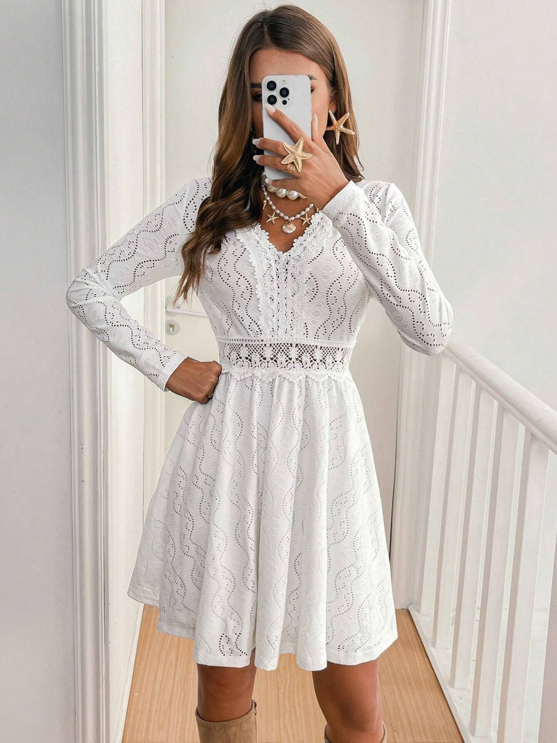 Lace Detail V Neck Long Sleeve Mini Dress - Classique Collection