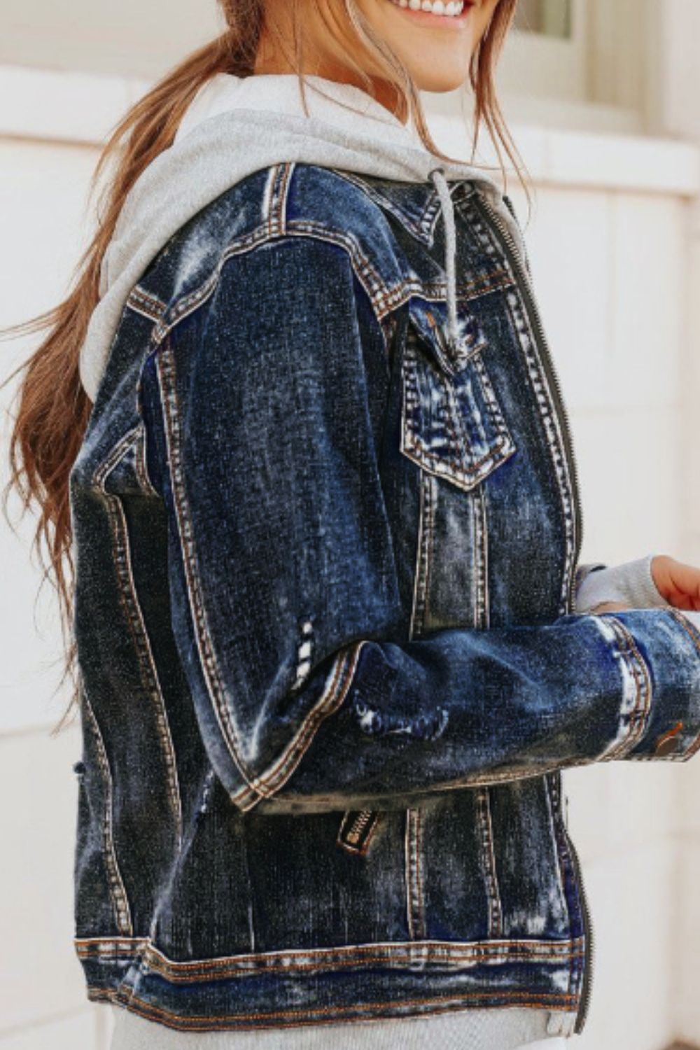 Fake Two-Piece Hooded Zip-Up Denim Jacket - Classique Collection