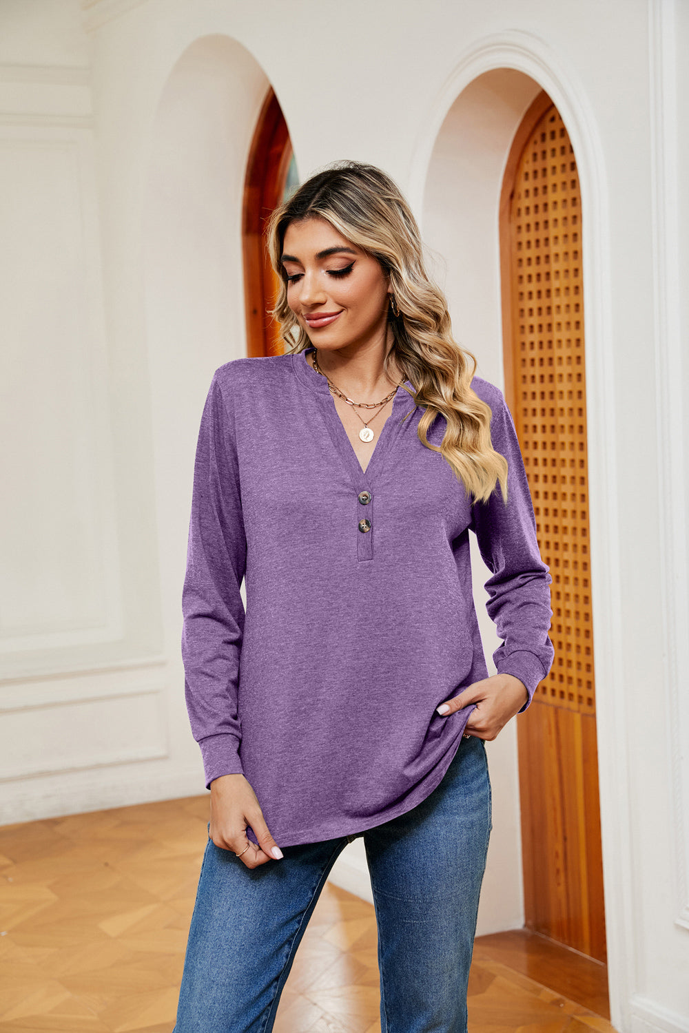 Buttoned Notched Neck Long Sleeve Top - Classique Collection