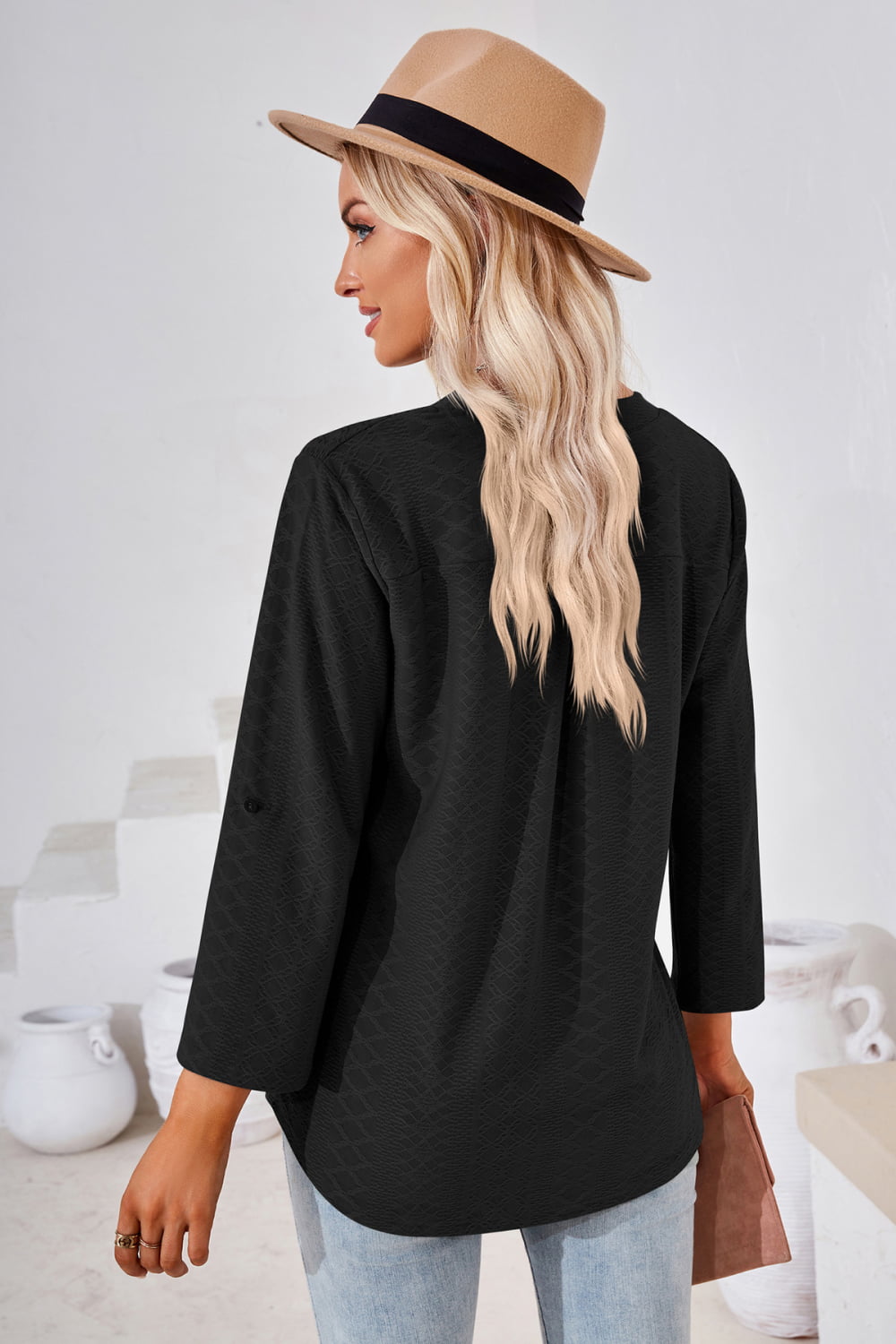 V-Neck Roll-Tap Sleeve Blouse - Classique Collection