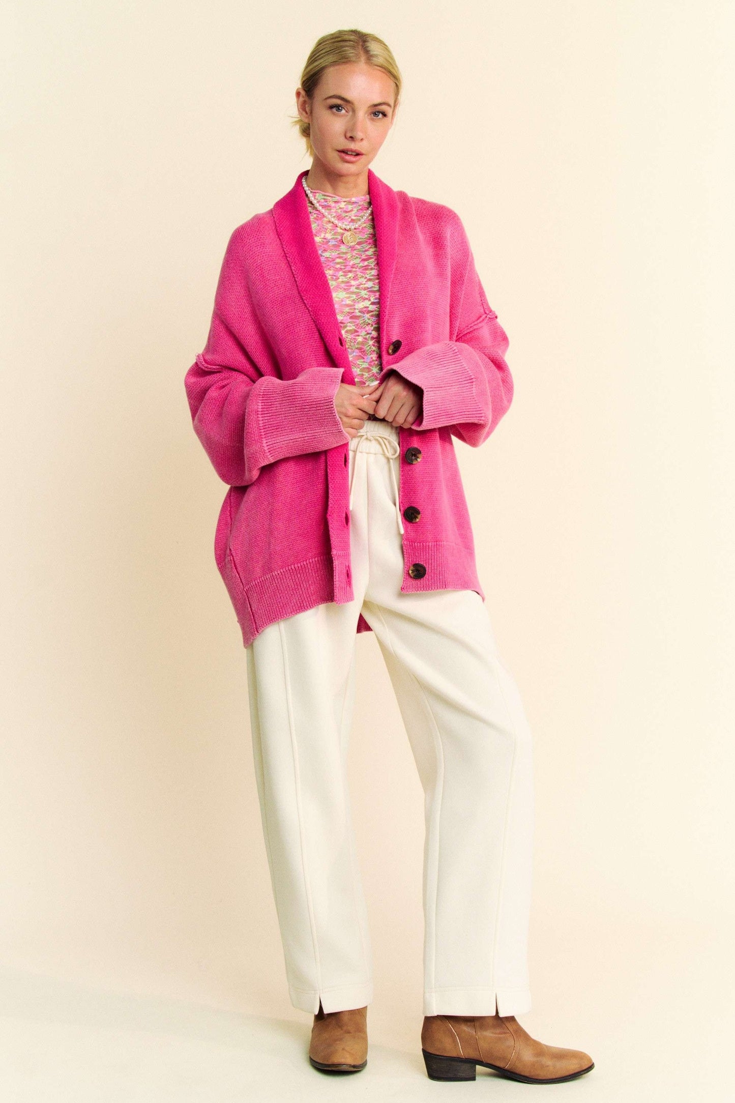 Davi & Dani Shawl Collar Ribbed Detail Button Up Cardigan - Classique Collection