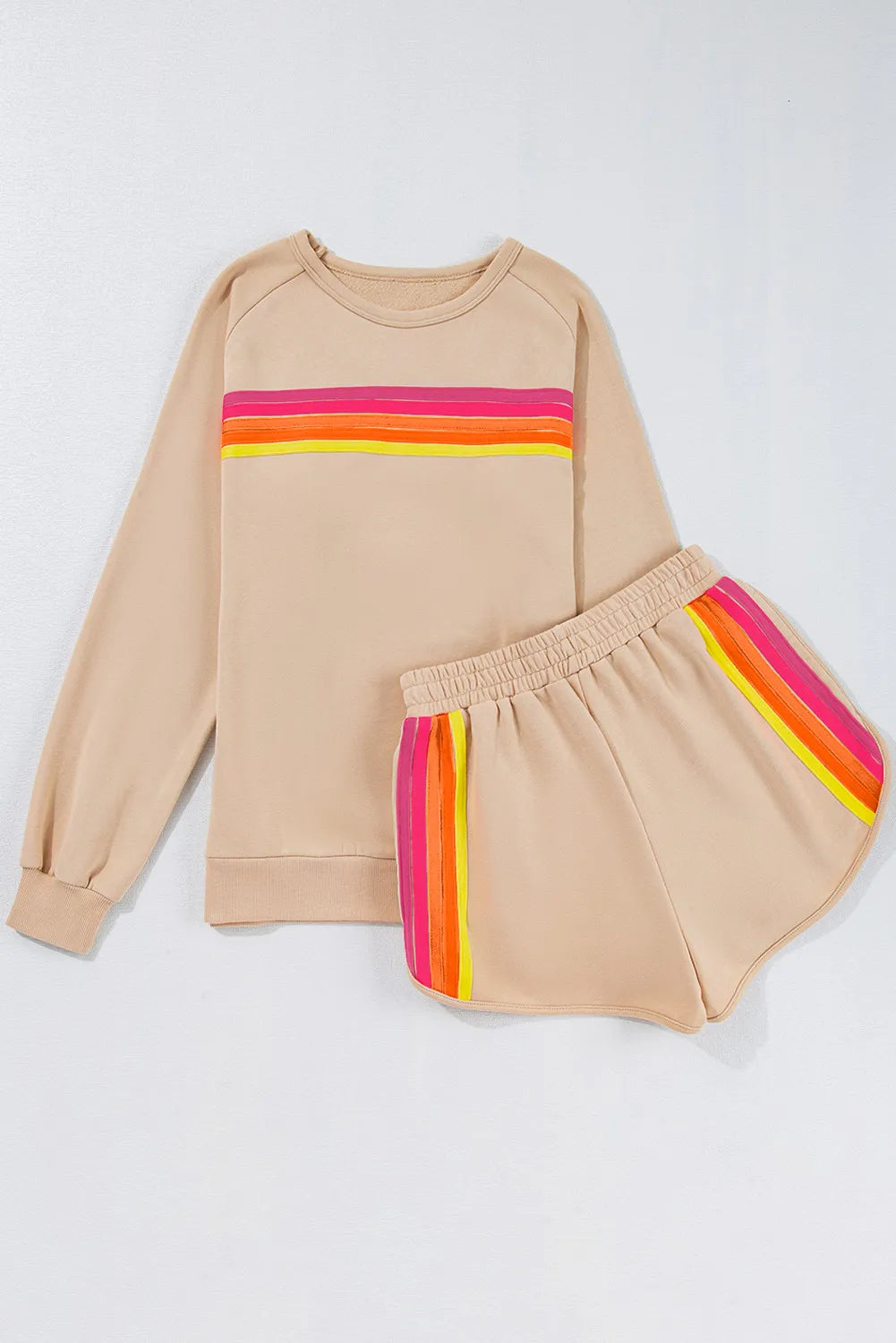 Full Size Contrast Striped Round Neck Top and Shorts Set - ClassiQ