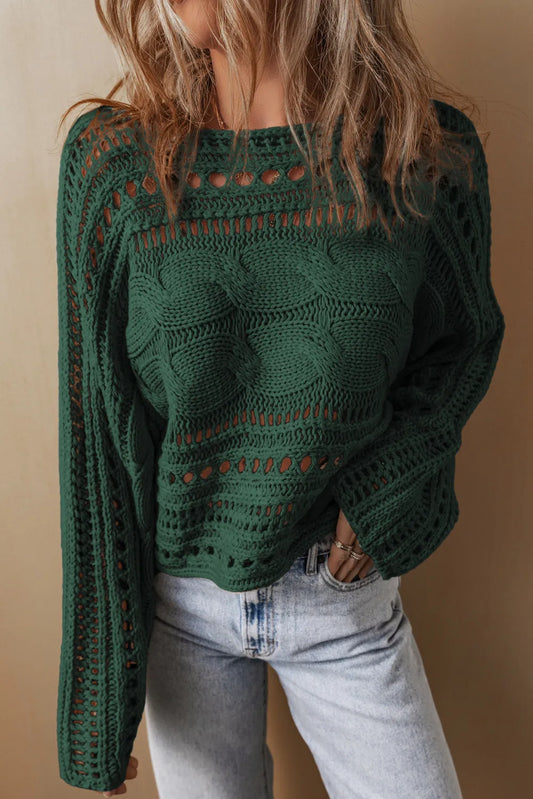 Cable-Knit Openwork Long Sleeve Sweater - ClassiQ