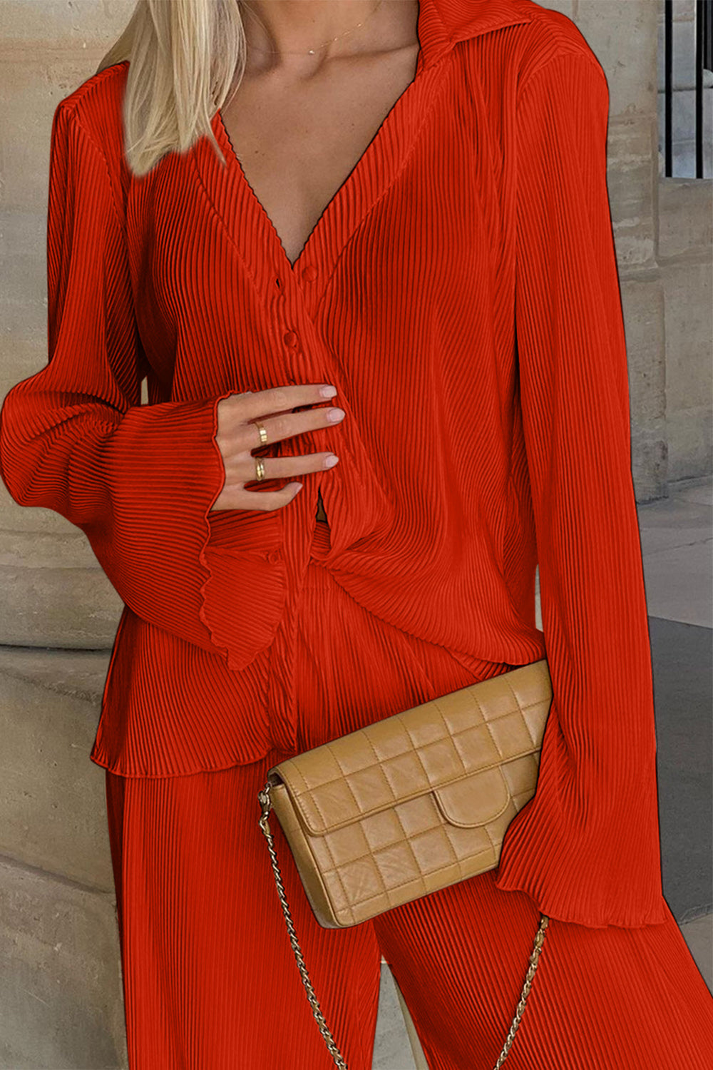 Textured Button Up Collared Neck Top and Pants Set - ClassiQ