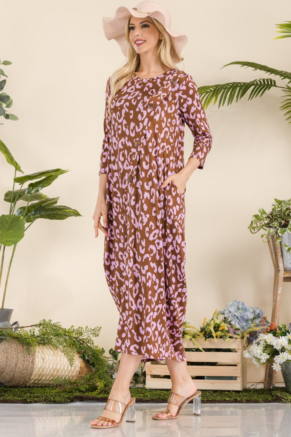 Celeste Full Size Leopard Contrast Dress with Pockets - Classique Collection