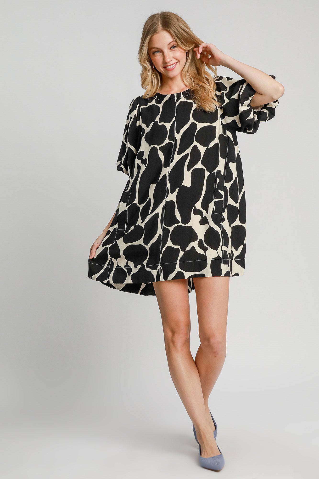 Umgee Full Size Two Tone Abstract Print Puff Sleeve Dress Plus Size - Classique Collection