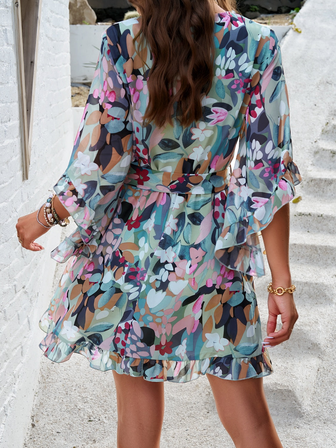 Devine Ruffled Printed Surplice Half Sleeve Mini Dress - Classique Collection
