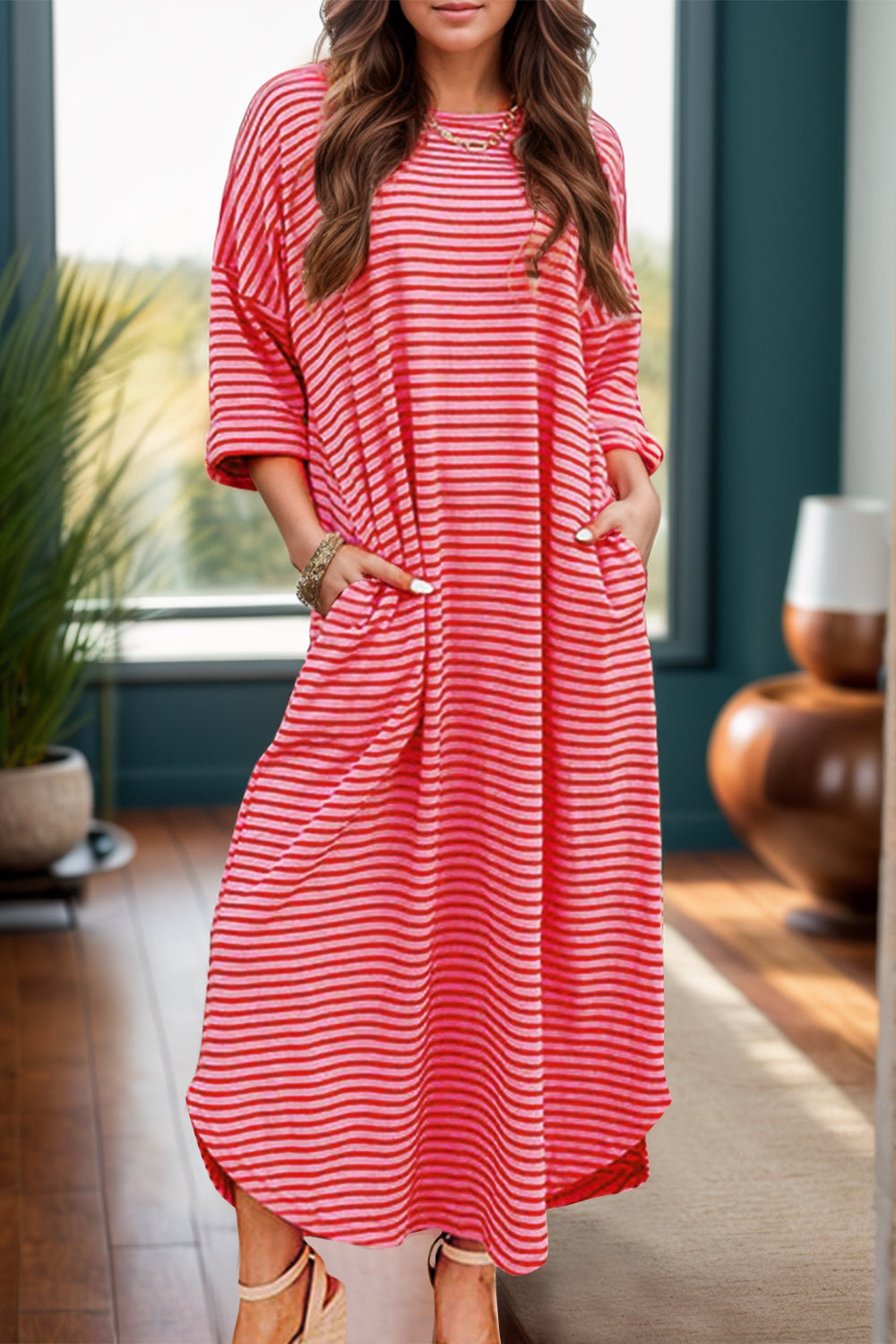 Pocketed Striped Half Sleeve Tee Dress - Classique Collection