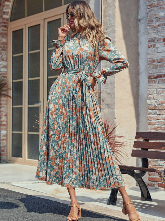 Perfee Tied Pleated Printed Mock Neck Long Sleeve Dress - Classique Collection