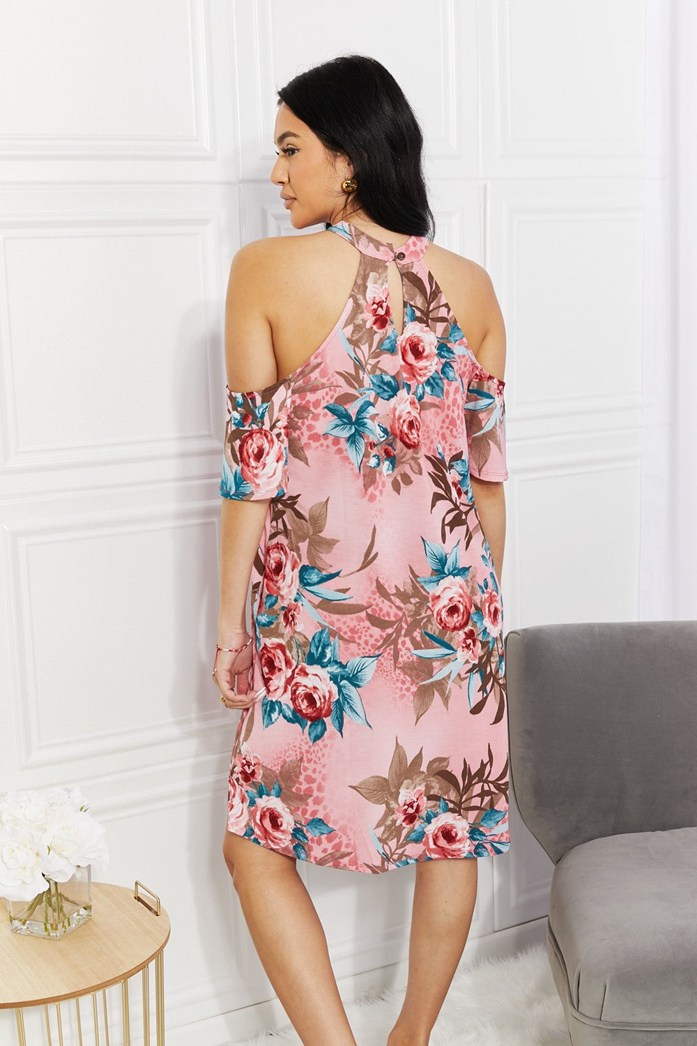 Sew In Love Full Size Fresh-Cut Flowers Cold-Shoulder Dress - ClassiQ