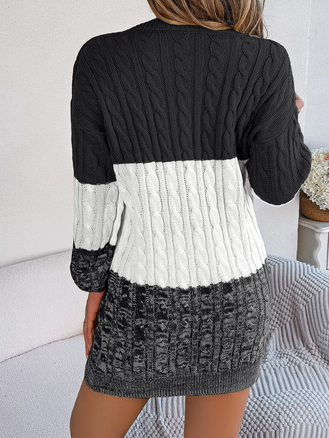 Cable-Knit Round Neck Color Block Sweater Dress - Classique Collection