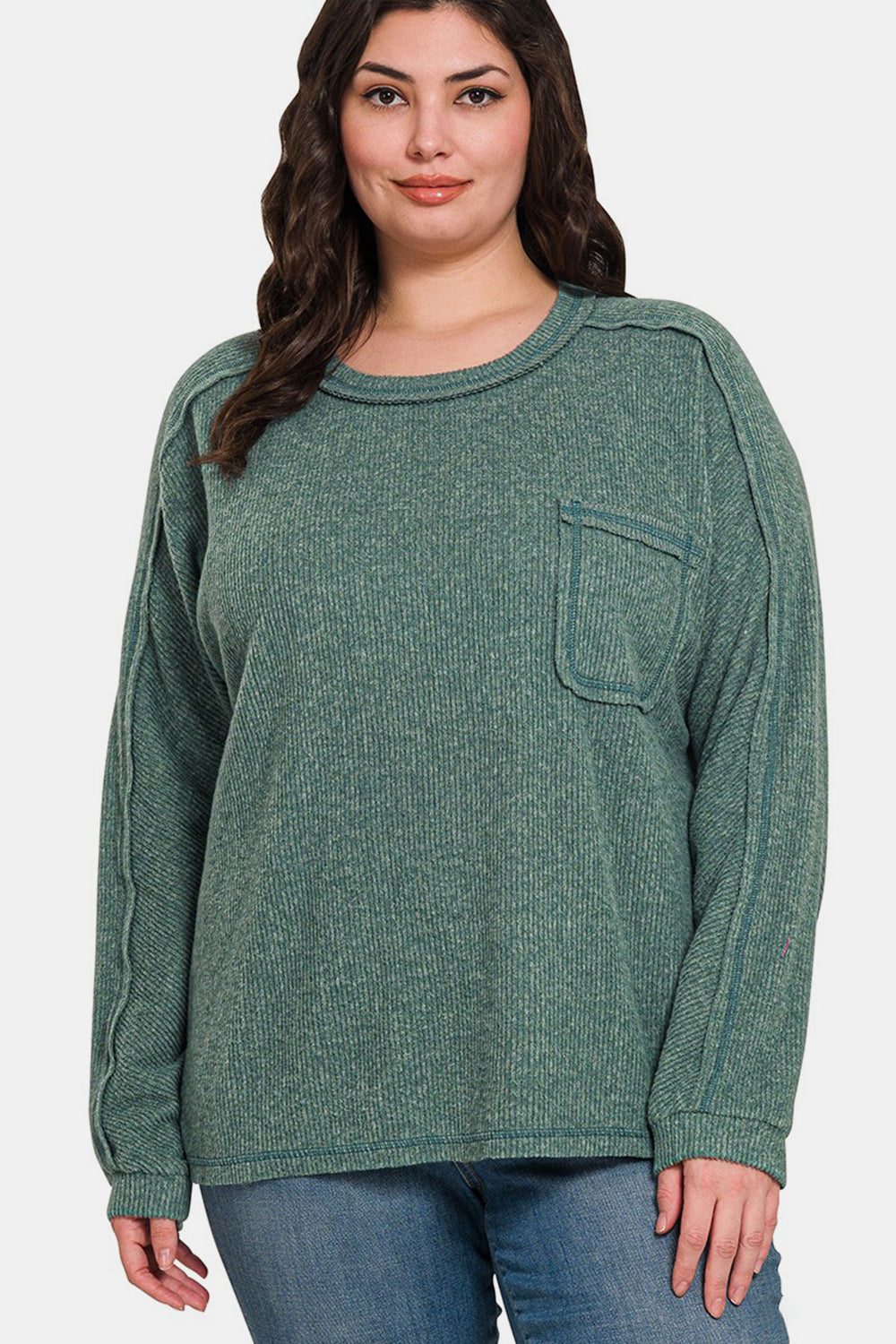 Zenana Full Size Contrast Stitching Brushed Ribbed Hacci Knit Top - Classique Collection